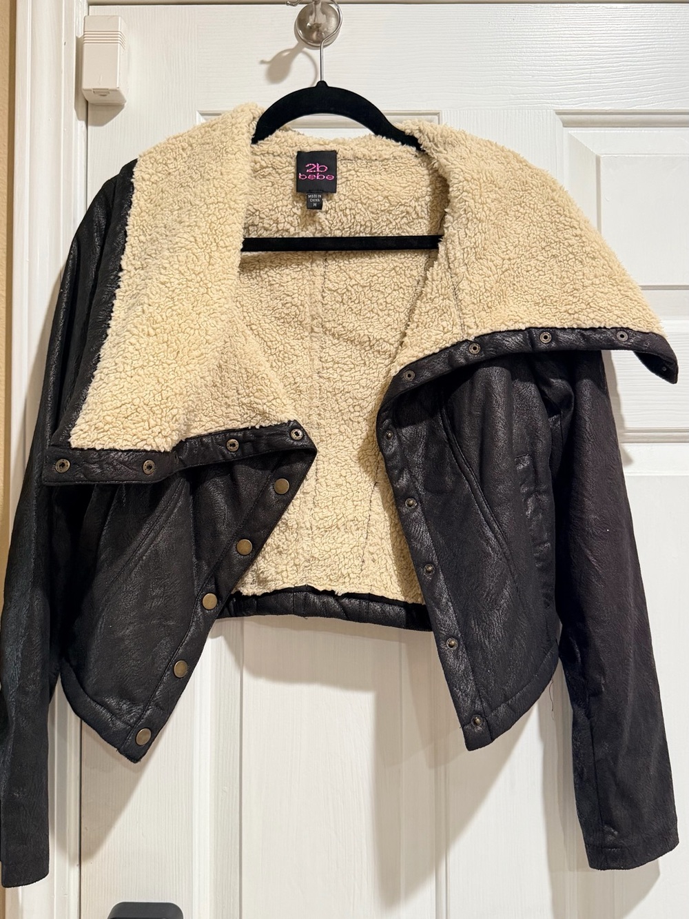 bebe Black Faux Leather Jacket with Cream Sherpa Lining